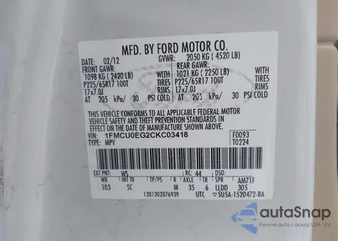 2012 Ford Escape Limited z USA, uszkodzony, nr VIN 1FMCU0EG2CKC03418